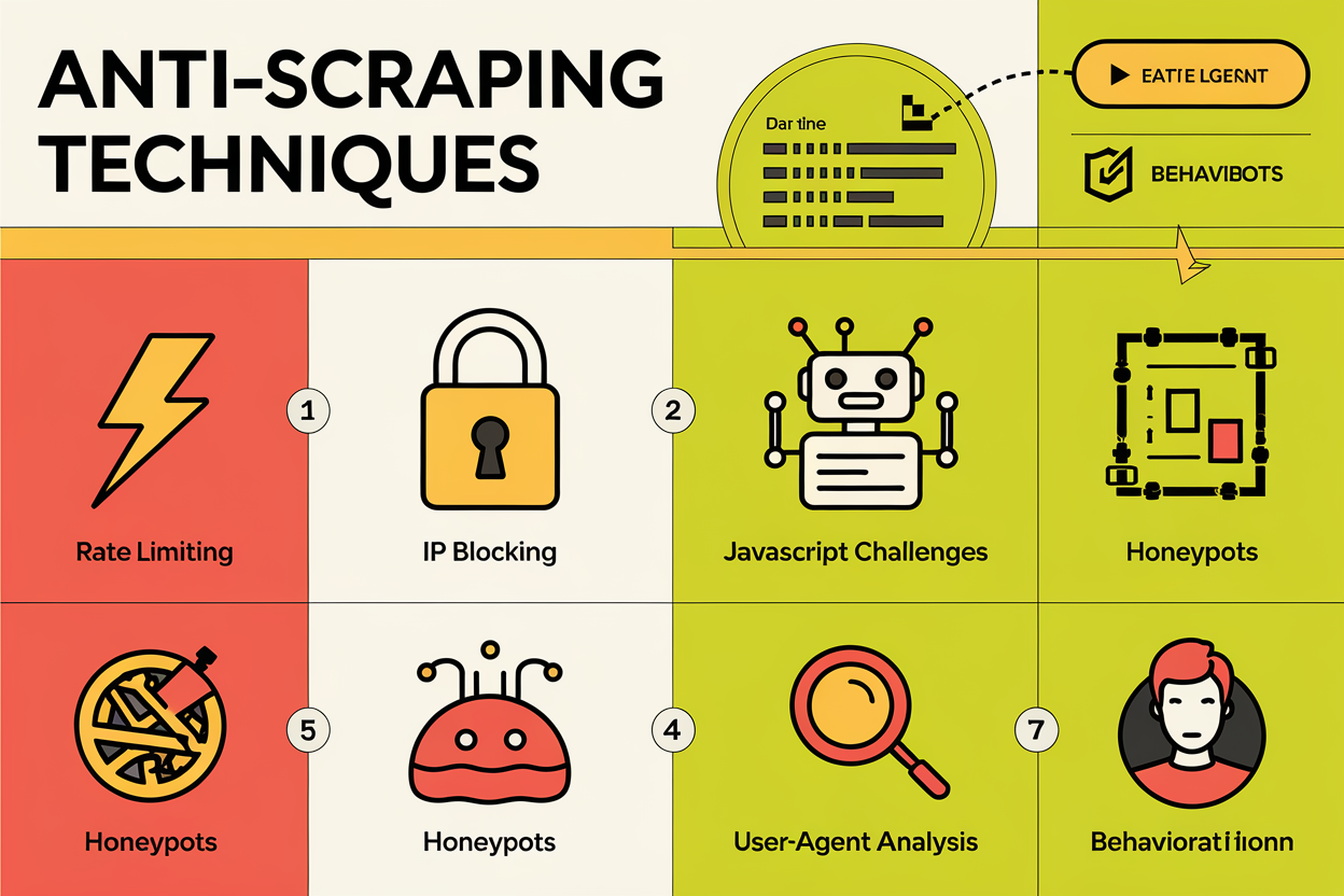 Understanding Anti-Scraping Techniques: How Websites Detect and Block Bots Explore the anti-scraping techniques websites use to detect and block bots. Learn about rate limiting, IP blocking, CAPTCHAs, JavaScript challenges, honeypots, and more in this comprehensive guide.